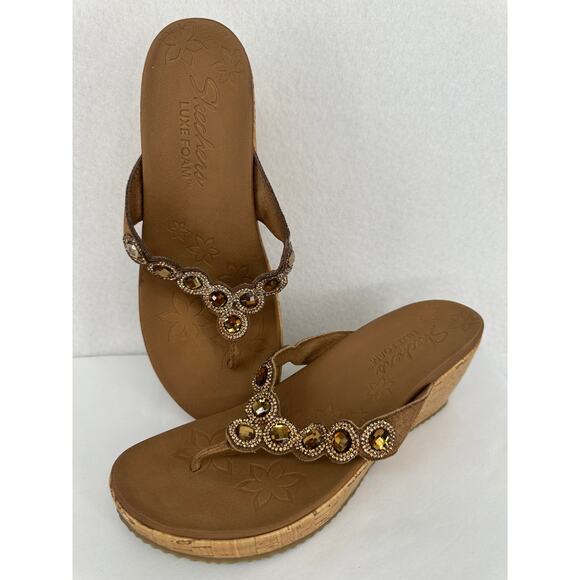 Skechers Shoes - Skechers Luxe Foam Jeweled WedgeHeel  Thong Brown Sandals Beach Sandal Party 9